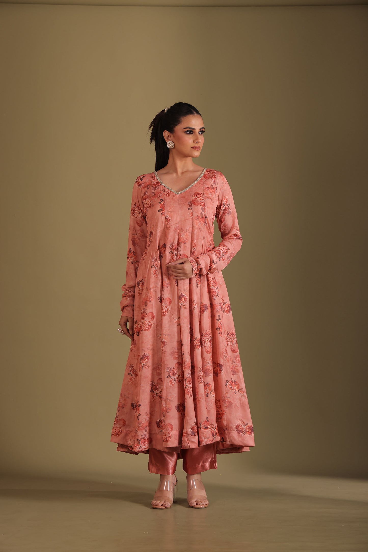 Gulzar Peach Printed Silk Crepe Anarkali  And Dupatta