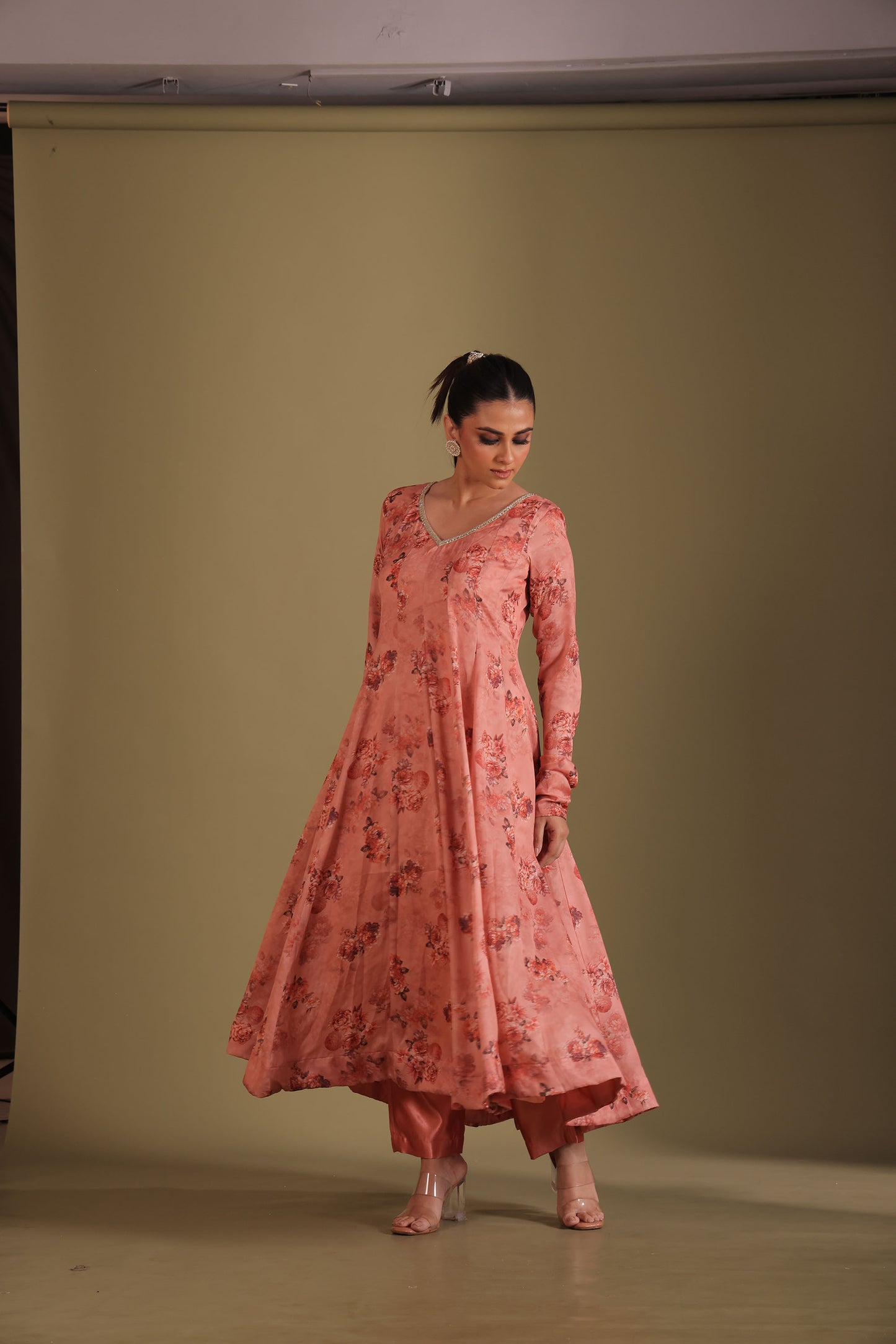 Gulzar Peach Printed Silk Crepe Anarkali  And Dupatta