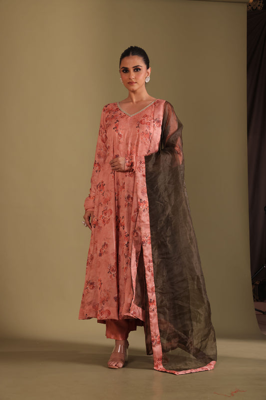 Gulzar Peach Printed Silk Crepe Anarkali  And Dupatta