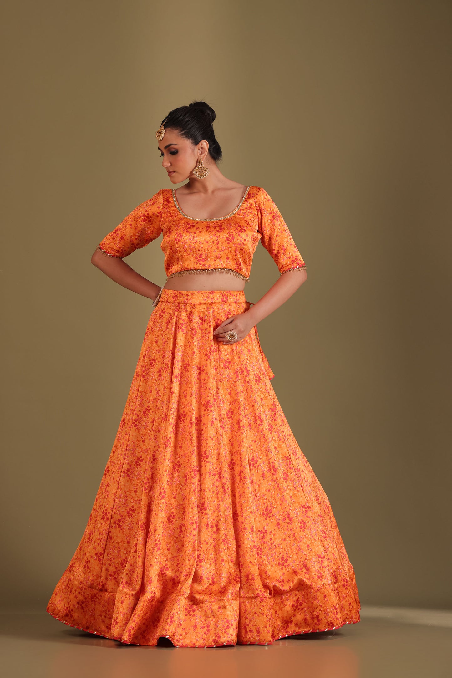 Gulzar Orange Printed Satin Georgette Lehenga And Dupatta