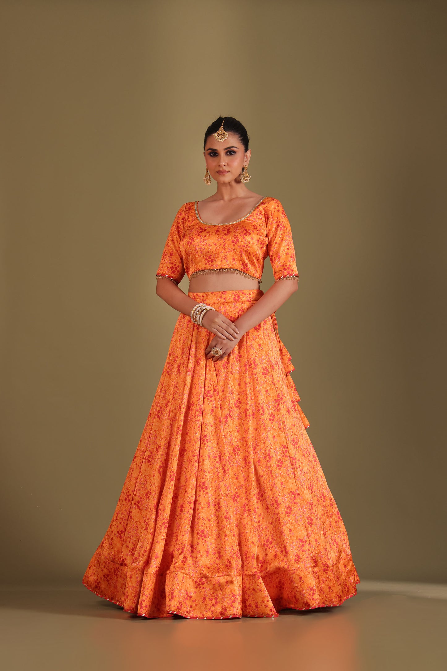 Gulzar Orange Printed Satin Georgette Lehenga And Dupatta