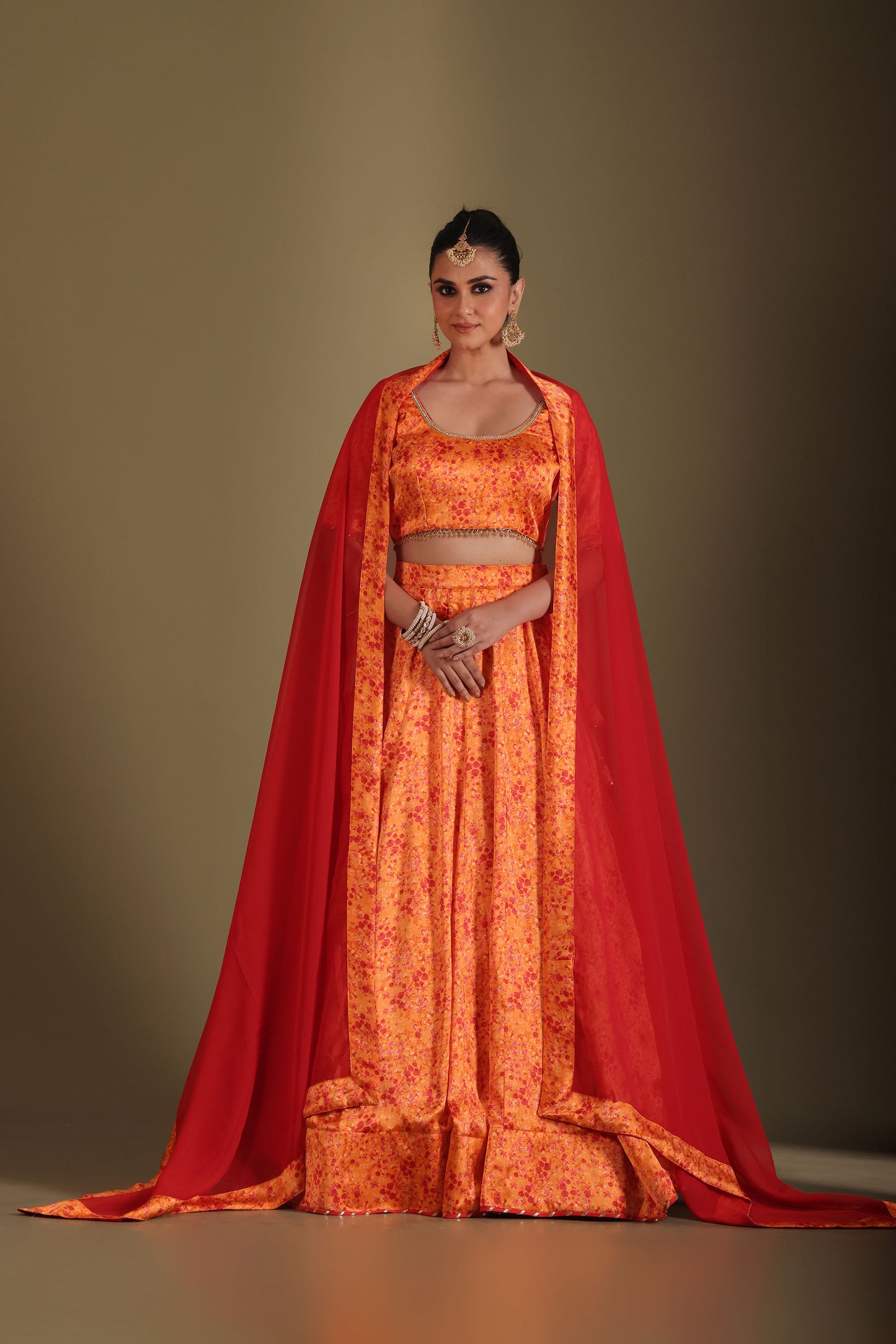Gulzar Orange Printed Satin Georgette Lehenga And Dupatta