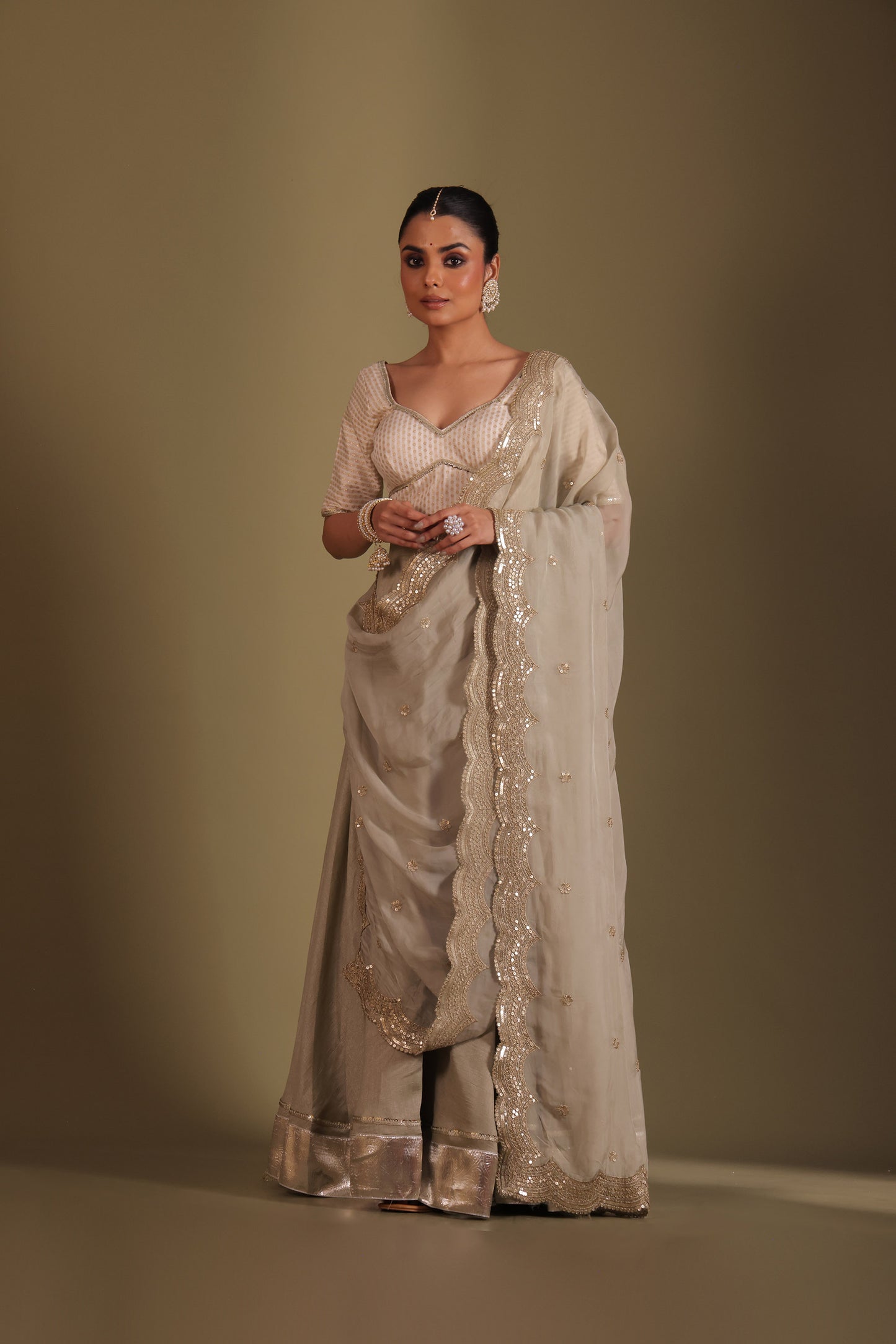Noorika Ivory Embroidered Sage Silk Lehenga And Dupatta