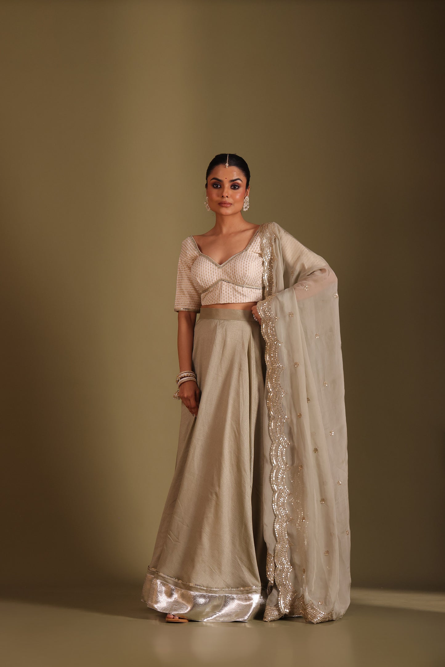 Noorika Ivory Embroidered Sage Silk Lehenga And Dupatta