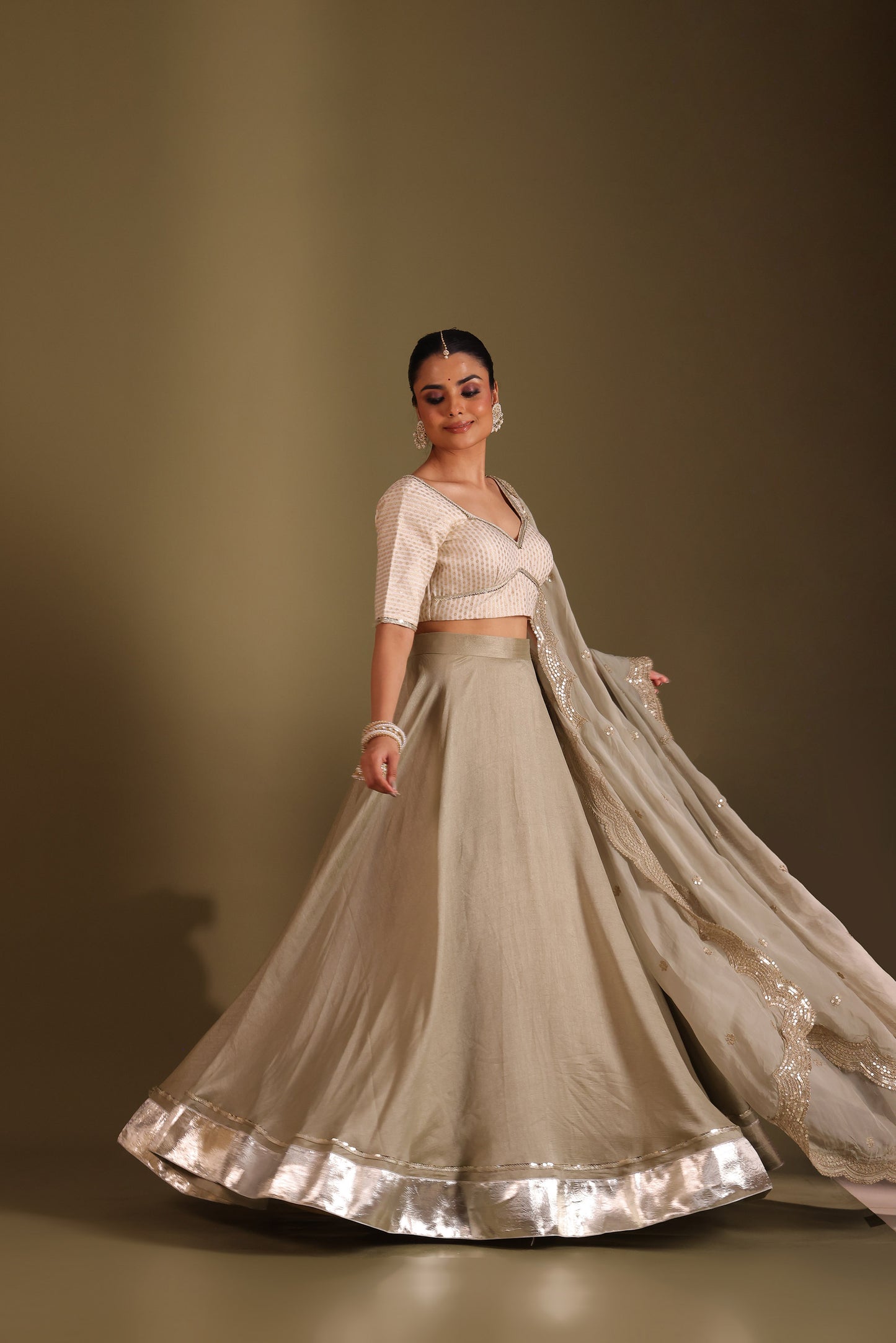 Noorika Ivory Embroidered Sage Silk Lehenga And Dupatta
