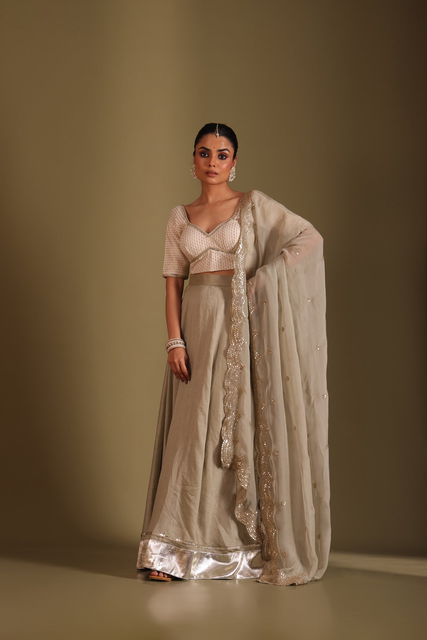 Noorika Ivory Embroidered Sage Silk Lehenga And Dupatta