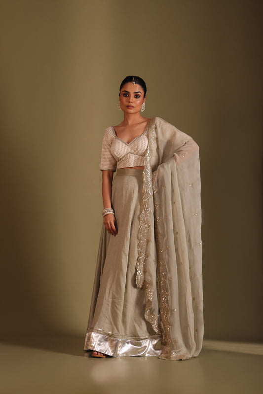 Noorika Ivory Embroidered Sage Silk Lehenga And Dupatta