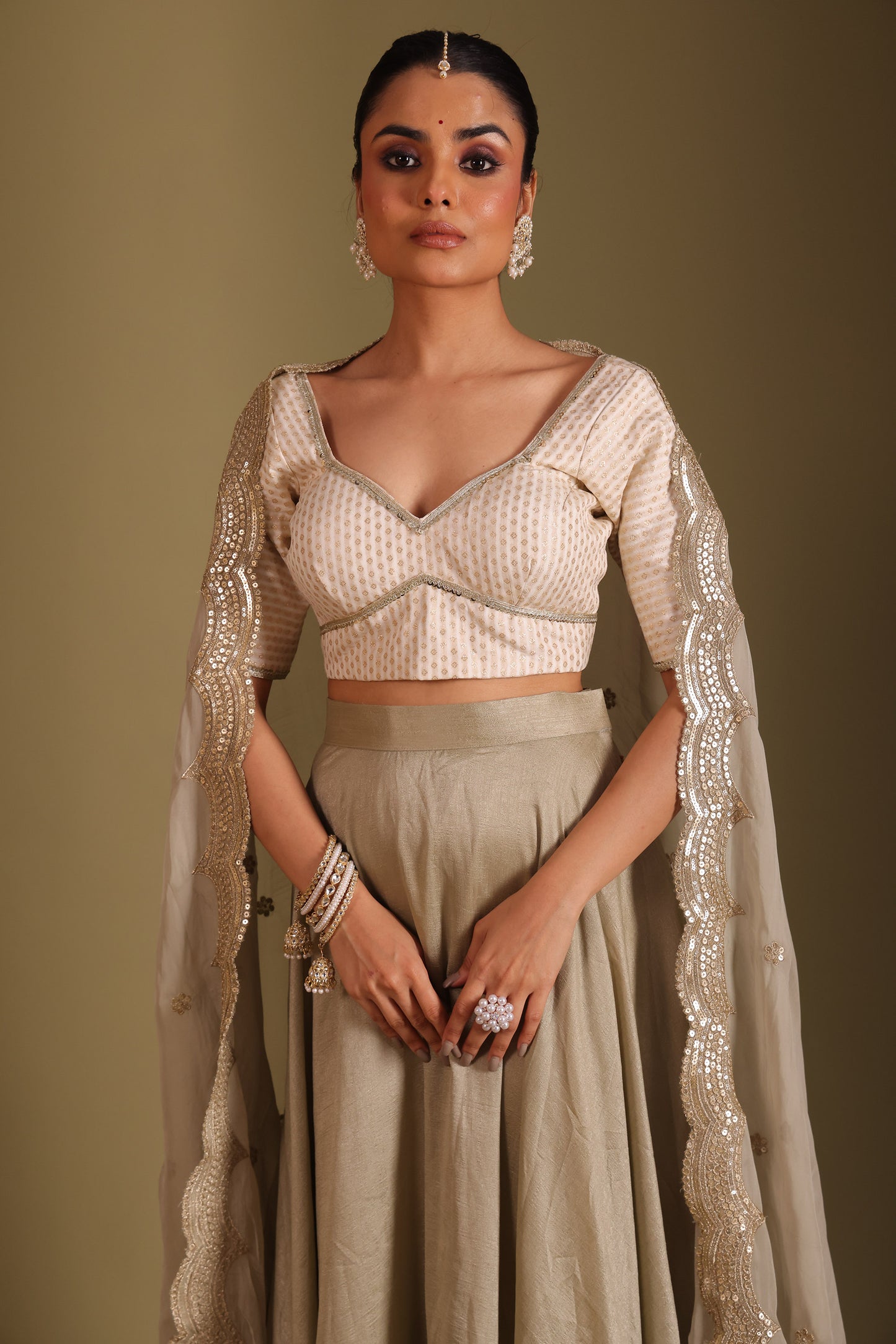 Noorika Ivory Embroidered Sage Silk Lehenga And Dupatta