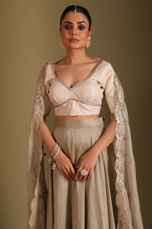 Noorika Ivory Embroidered Sage Silk Lehenga And Dupatta