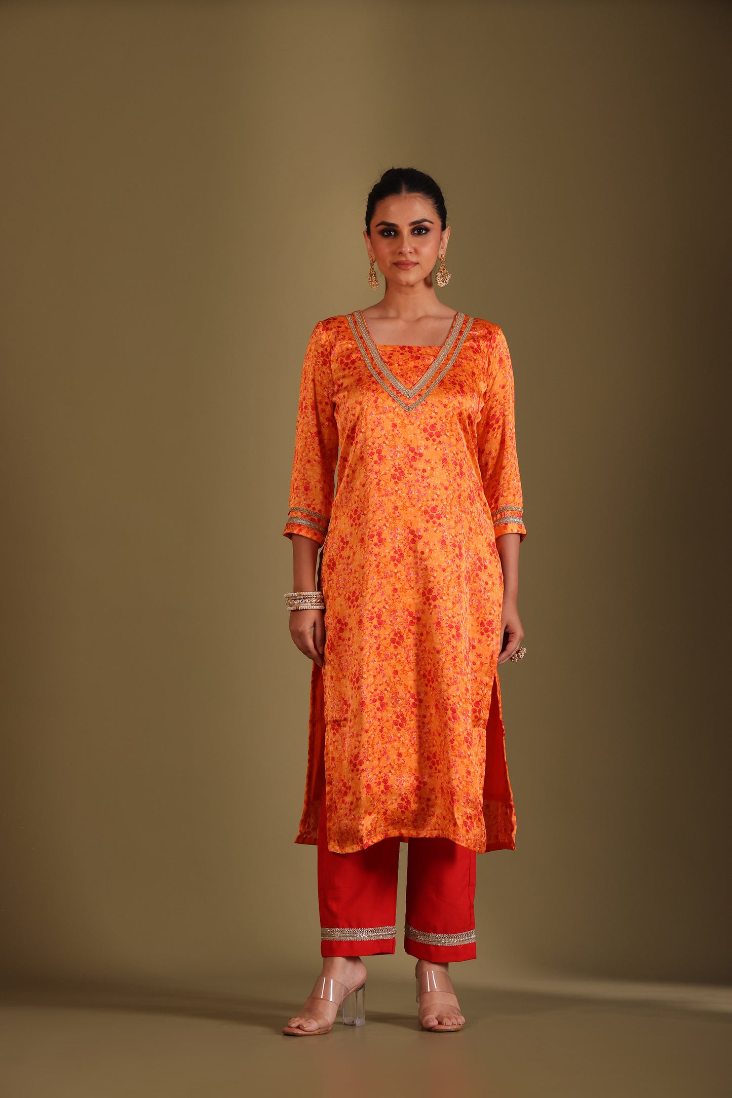 Gulzar Orange Printed Kurta Silk Crepe And Dupatta