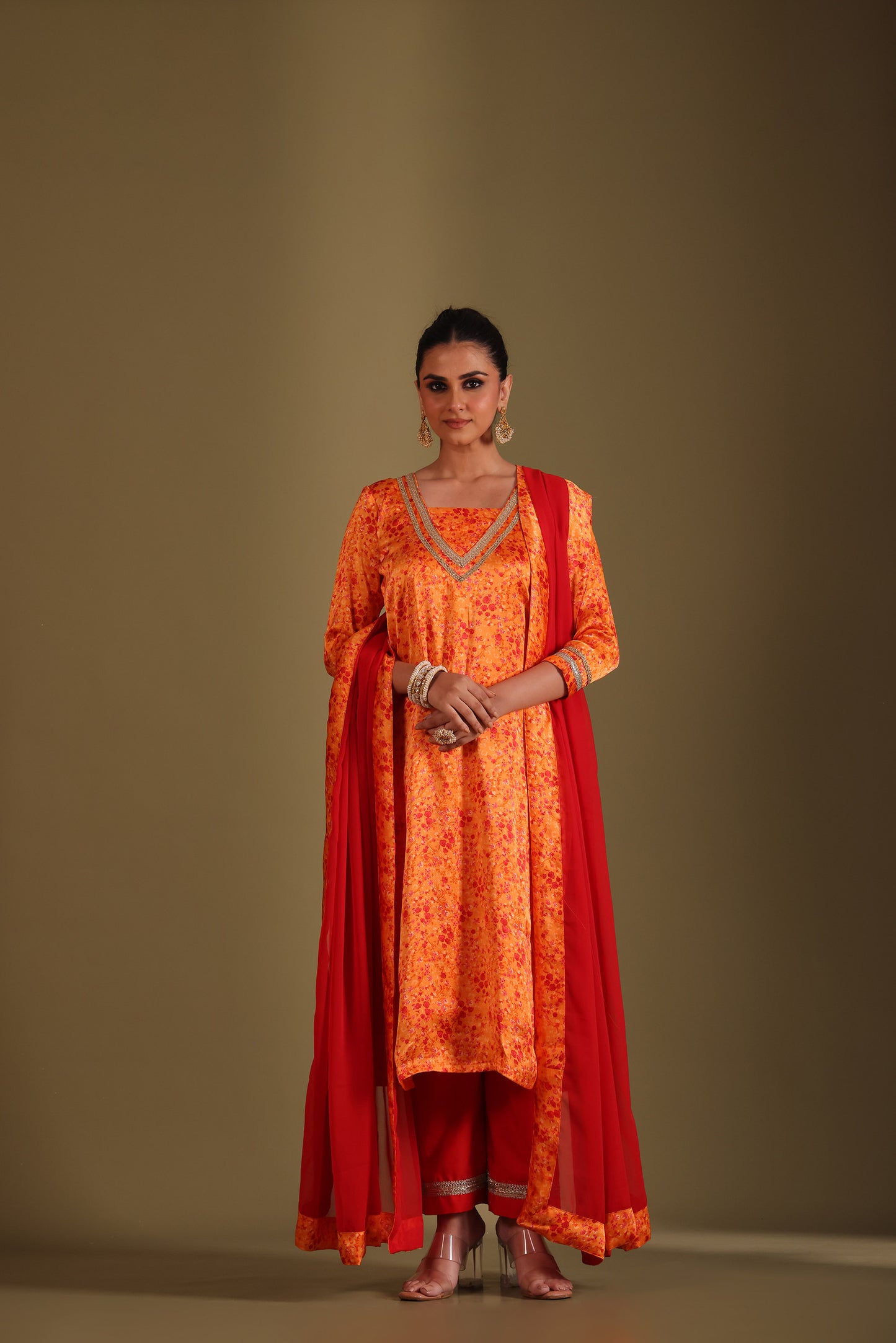 Gulzar Orange Printed Kurta Silk Crepe And Dupatta