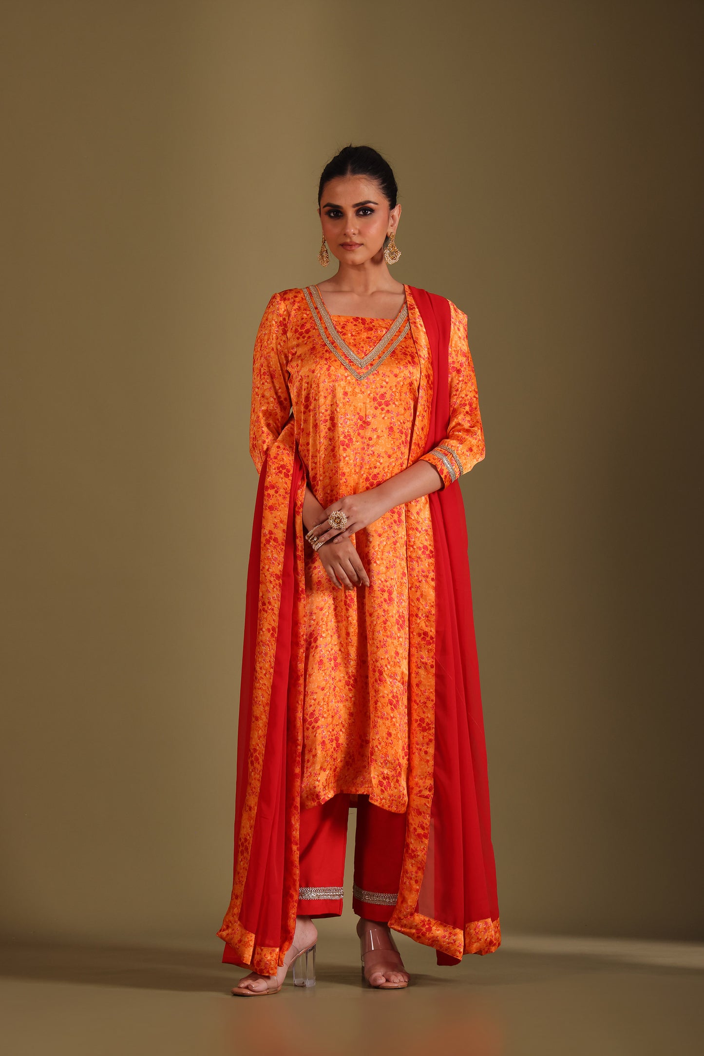 Gulzar Orange Printed Kurta Silk Crepe And Dupatta