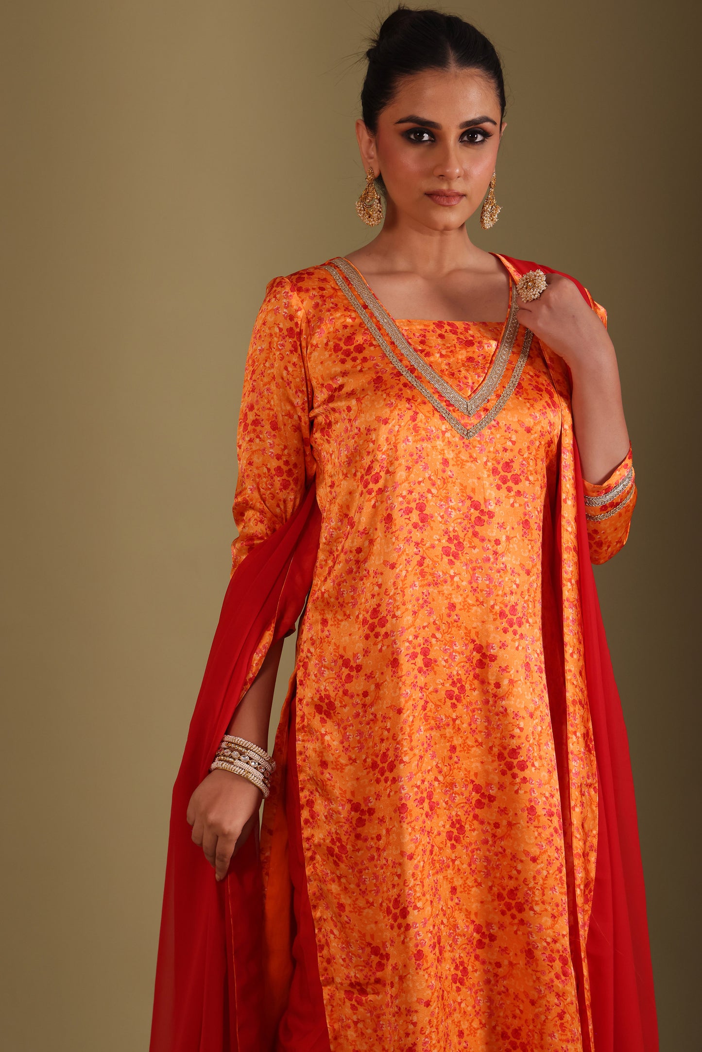 Gulzar Orange Printed Kurta Silk Crepe And Dupatta