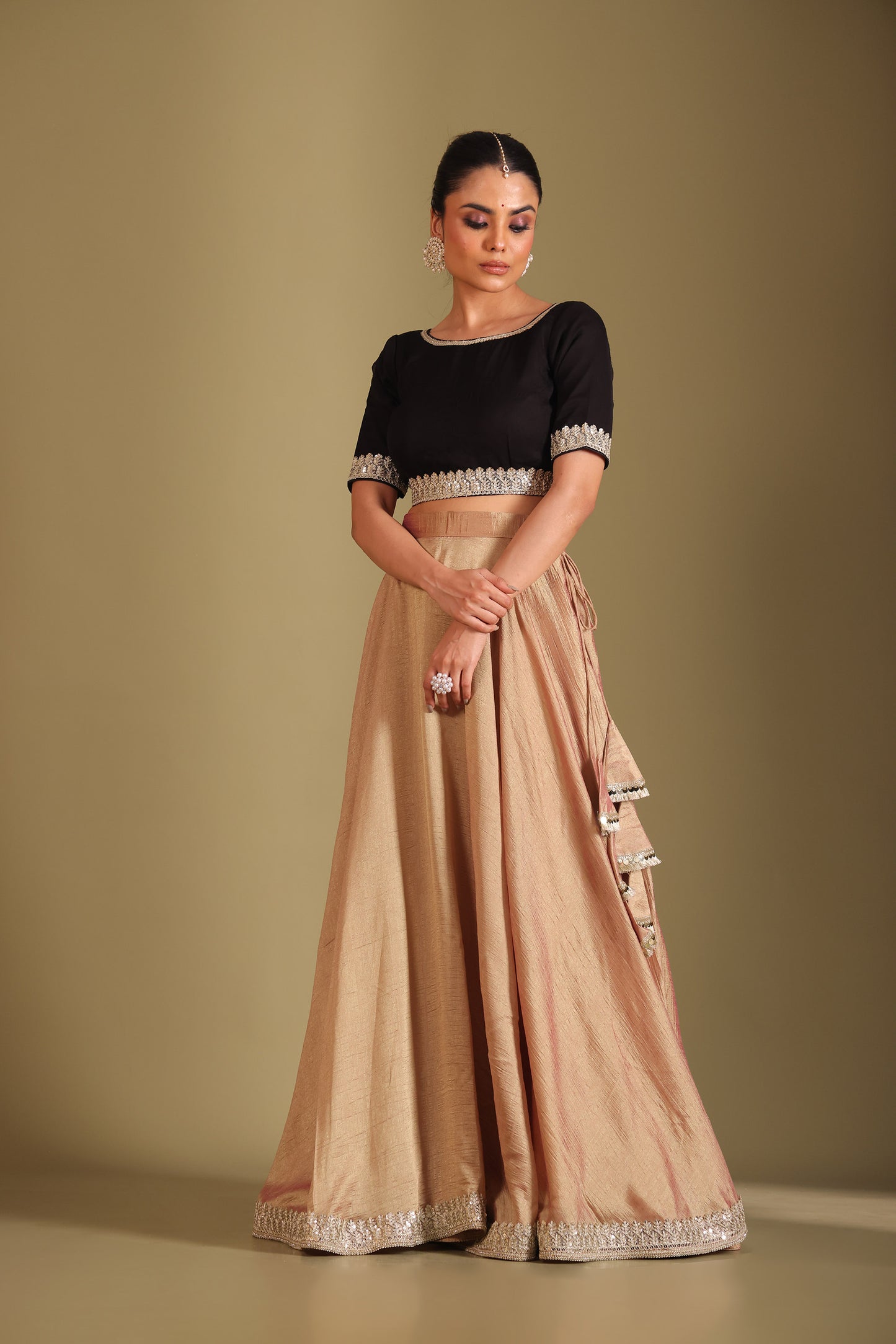 Jhalak Rose Gold & Black Kashmiri Silk Printed Lehenga And Dupatta