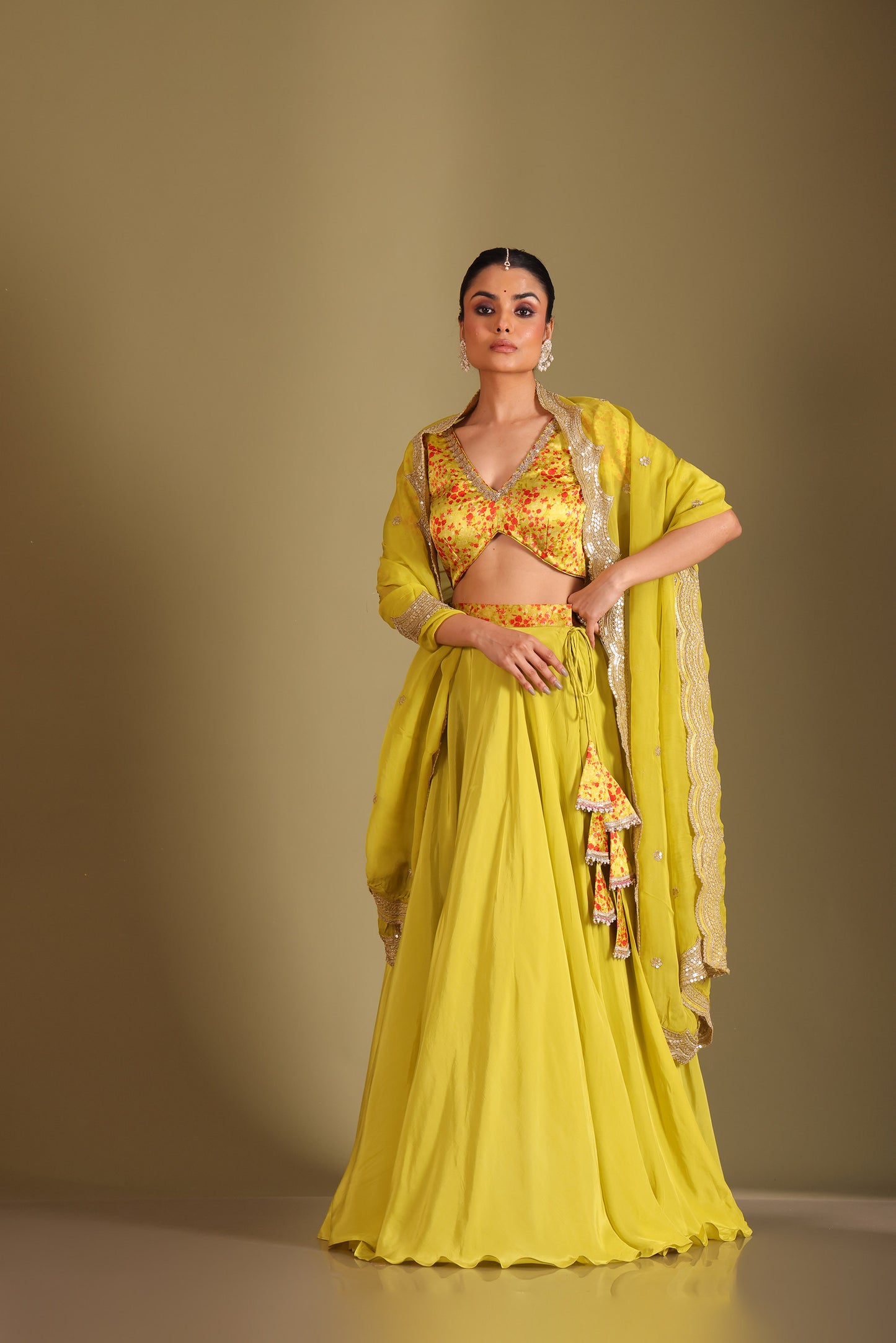 Gulzar Lime Printed Silk Crepe Lehenga And Dupatta