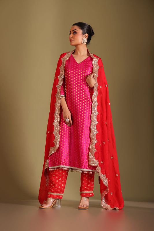 Noorika Red Embroidered Silk Kurta And Dupatta