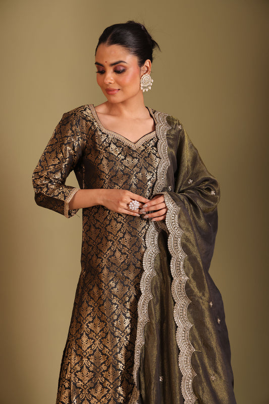 Noorika Black Embroidered Brocade Silk Sharara And Dupatta