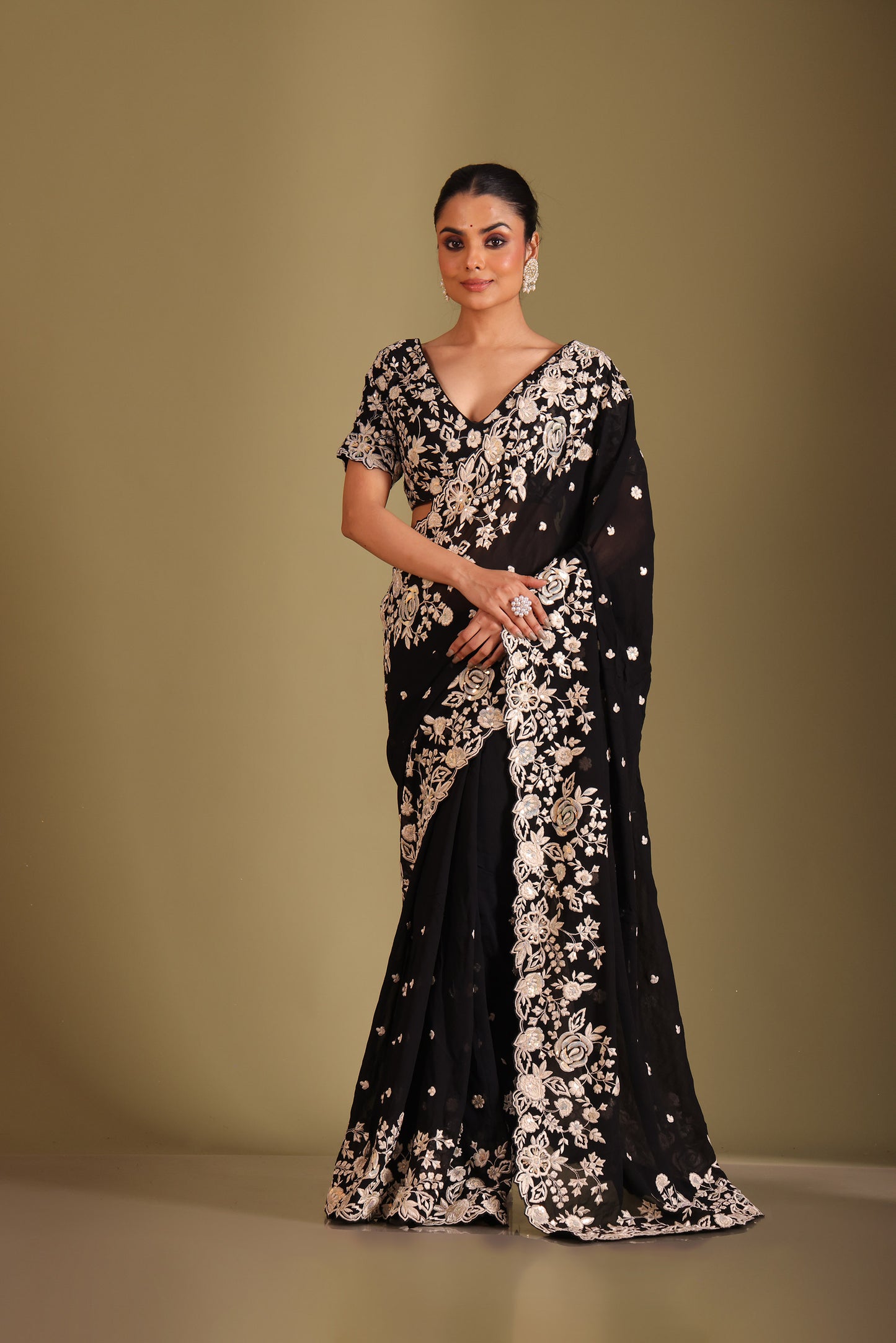 Rooh Black Embroidered Georgette Designer Saree