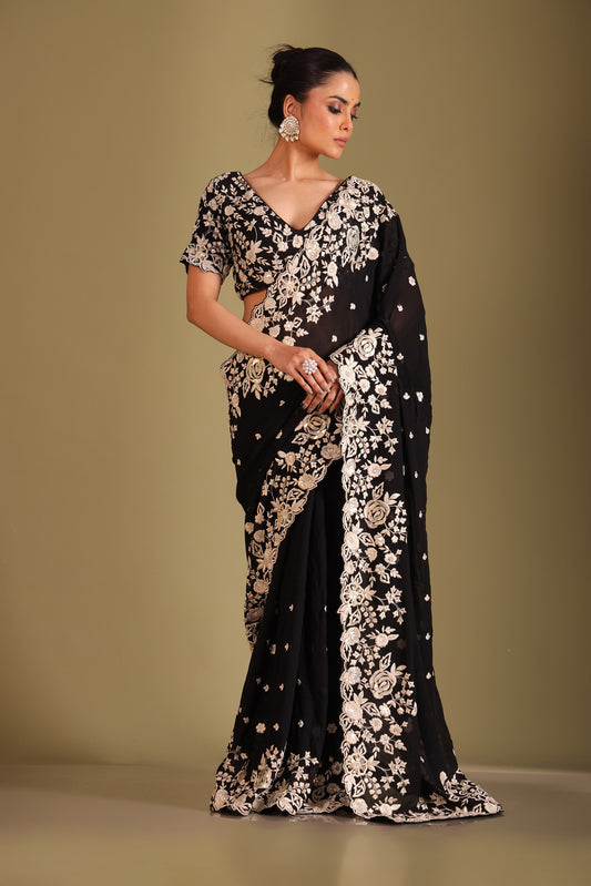 Rooh Black Embroidered Georgette Designer Saree