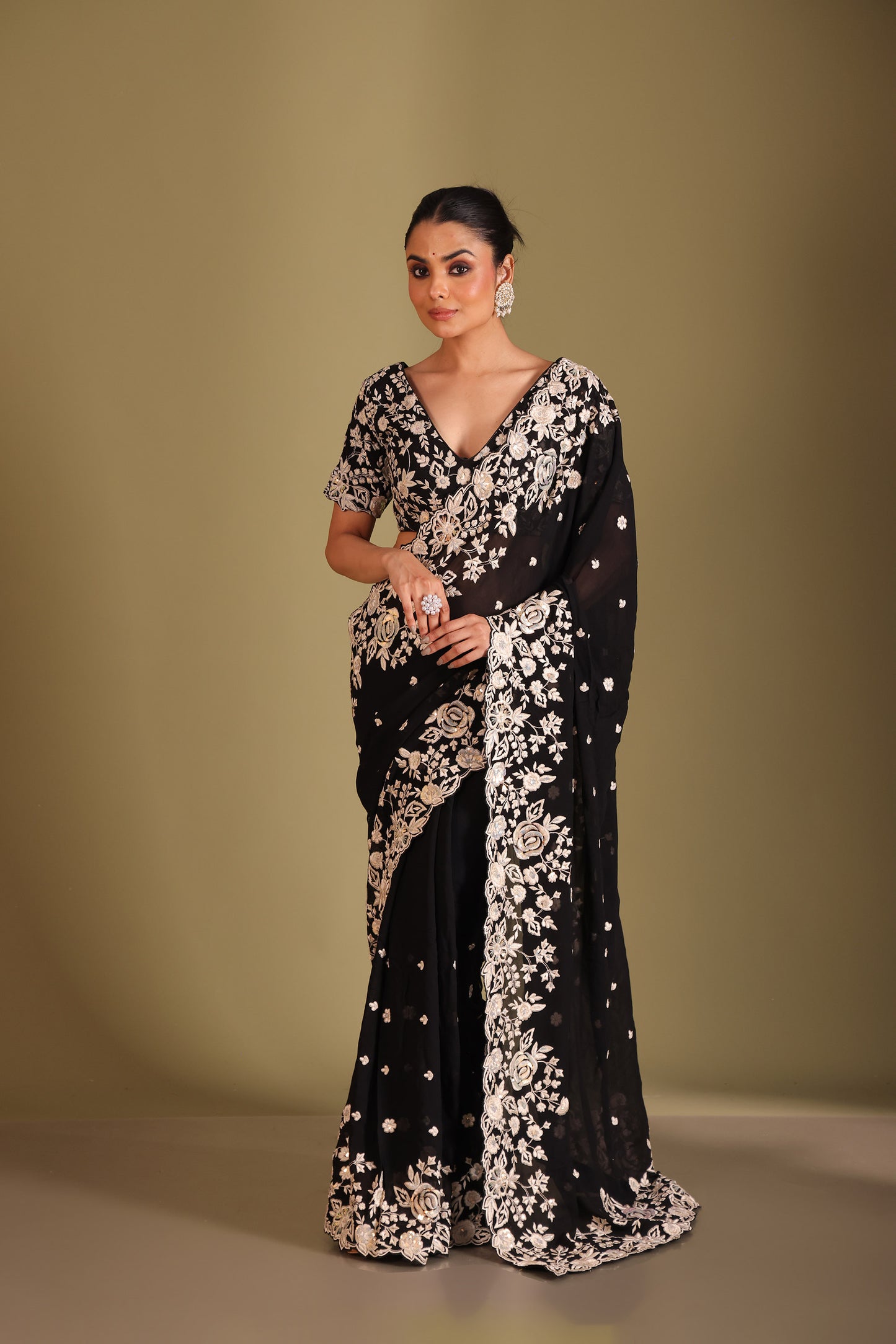 Rooh Black Embroidered Georgette Designer Saree