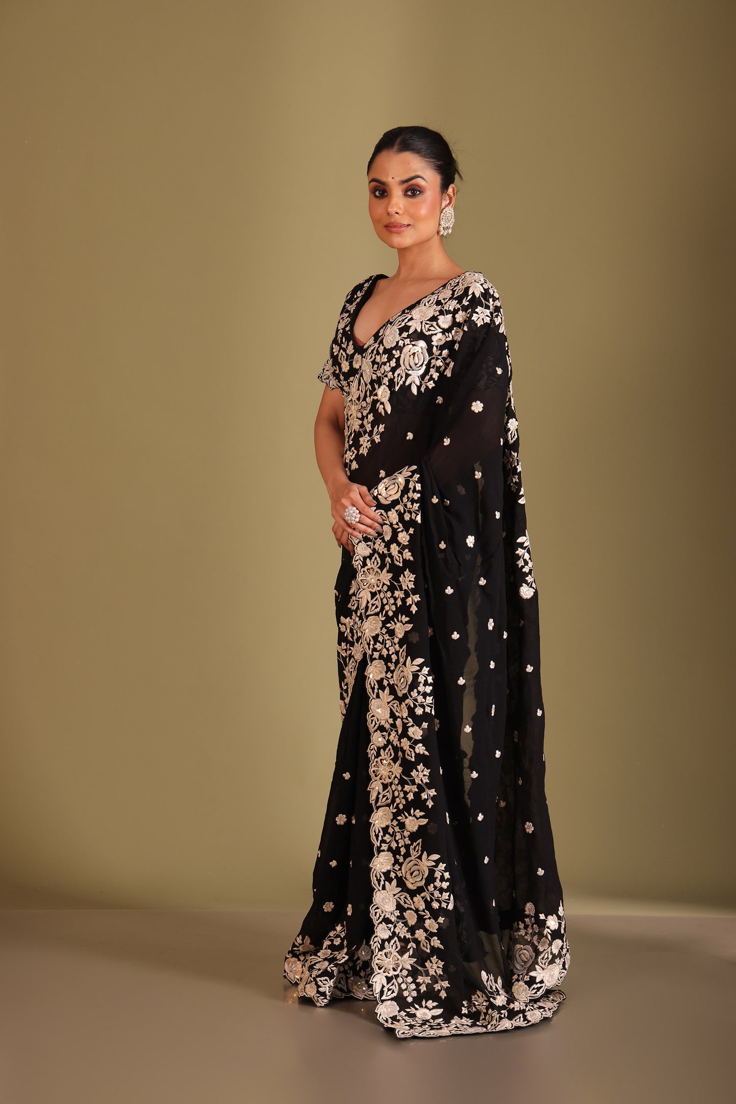 Rooh Black Embroidered Georgette Designer Saree