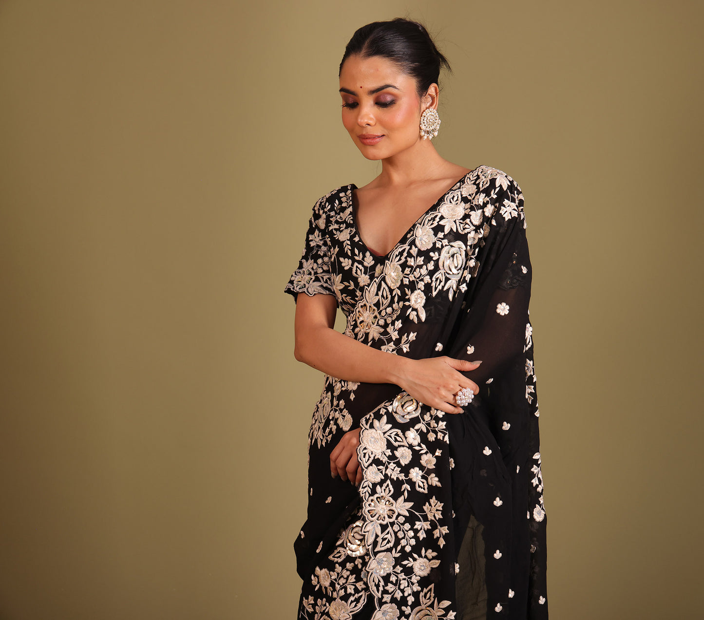 Rooh Black Embroidered Georgette Designer Saree