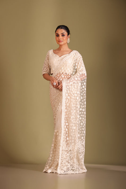 Rooh Ivory Embroidered Tulle Designer Saree