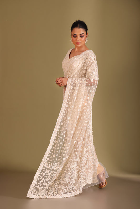 Rooh Ivory Embroidered Tulle Designer Saree