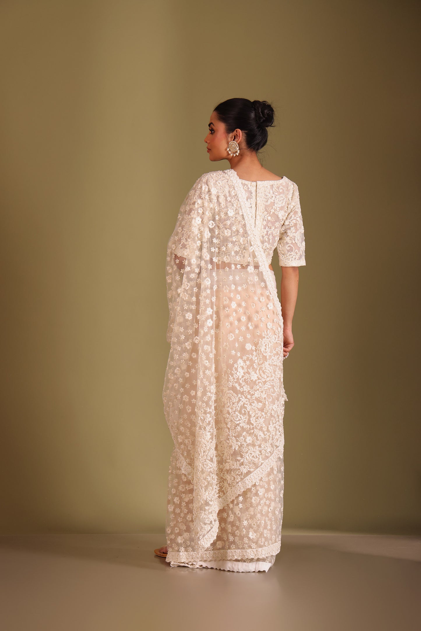 Rooh Ivory Embroidered Tulle Designer Saree