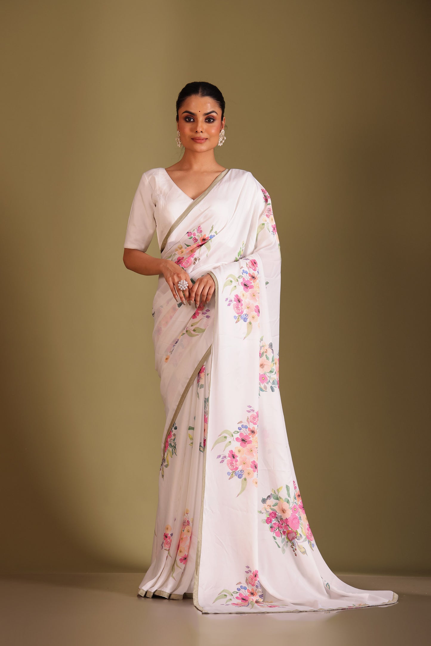 Gulzar White Digital Printed Silk Crepe Saree