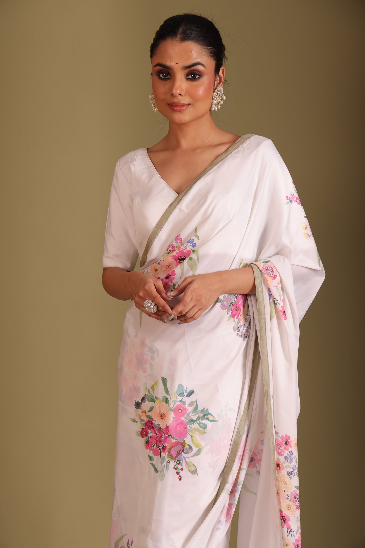Gulzar White Digital Printed Silk Crepe Saree