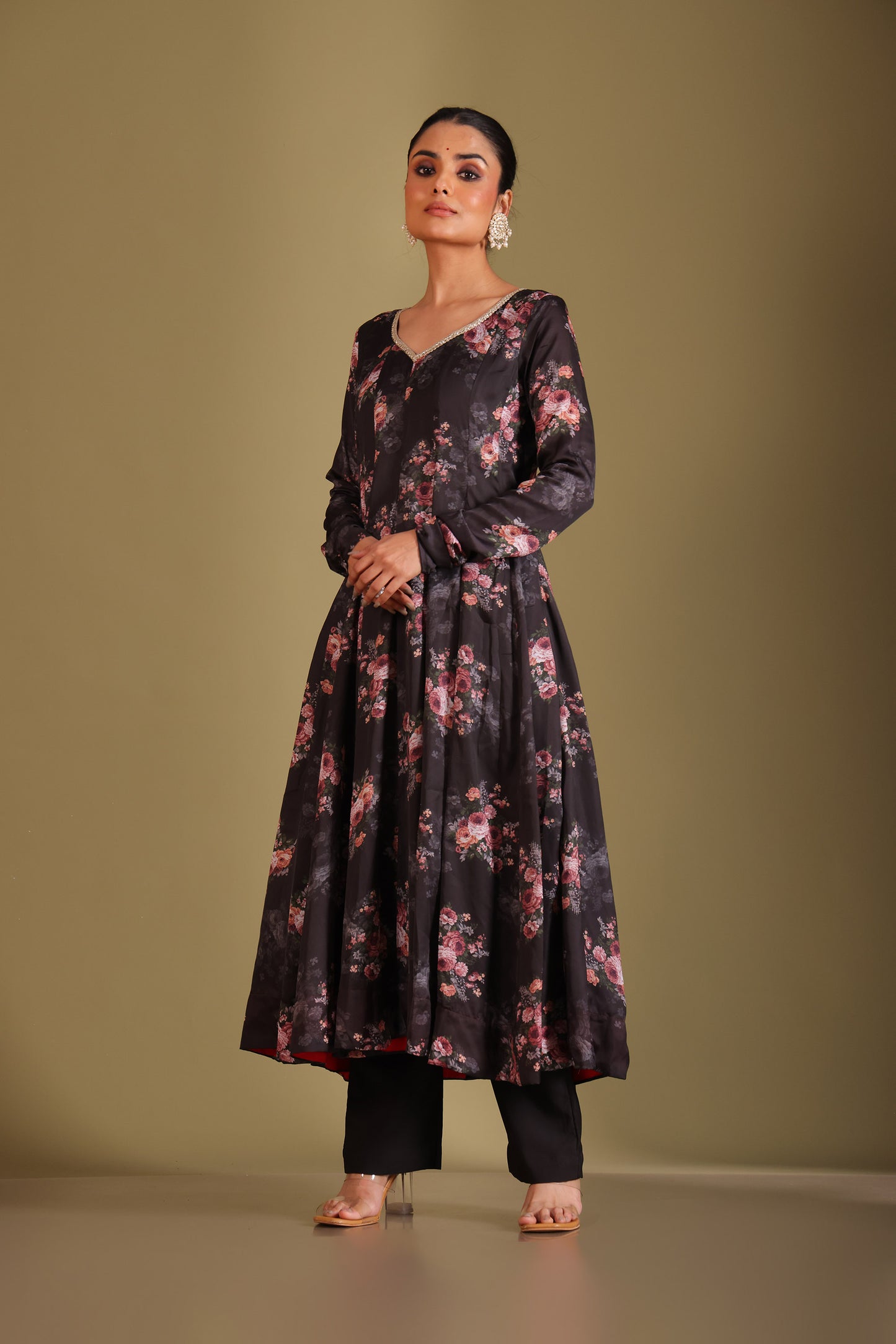 Gulzar Black Floral Printed Silk Crepe Anarkali And Dupatta