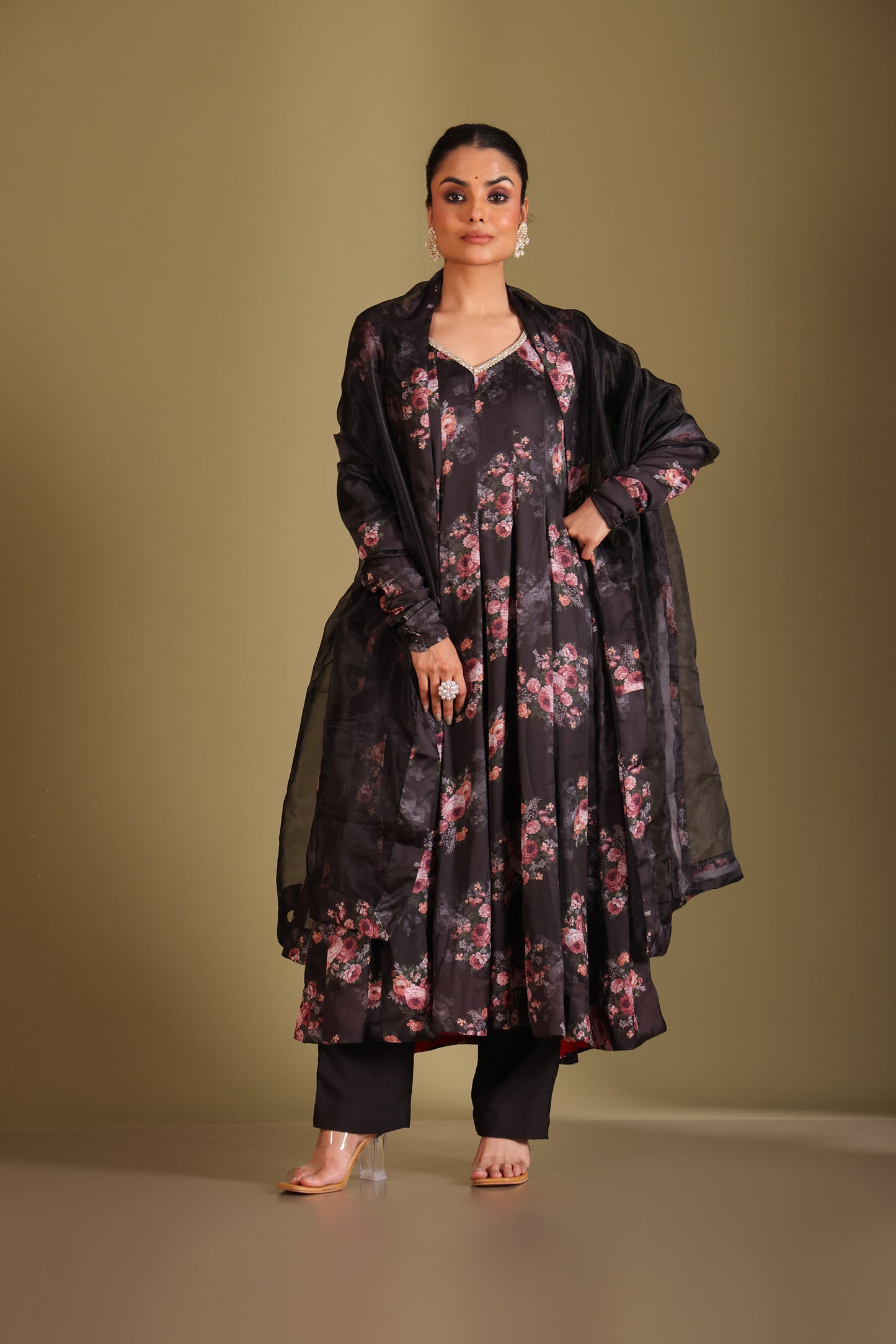 Gulzar Black Floral Printed Silk Crepe Anarkali And Dupatta