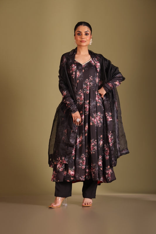 Gulzar Black Floral Printed Silk Crepe Anarkali And Dupatta