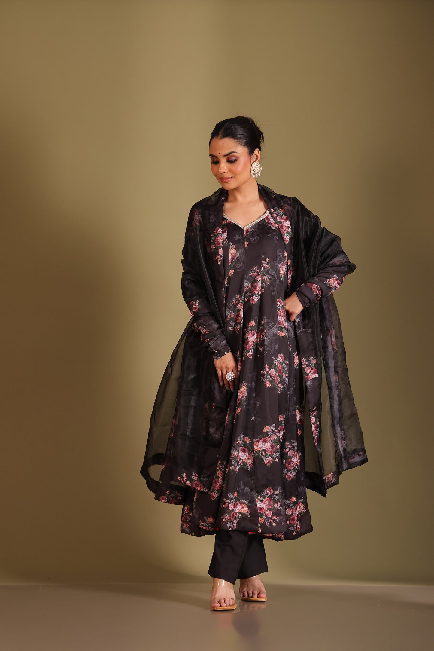 Gulzar Black Floral Printed Silk Crepe Anarkali And Dupatta