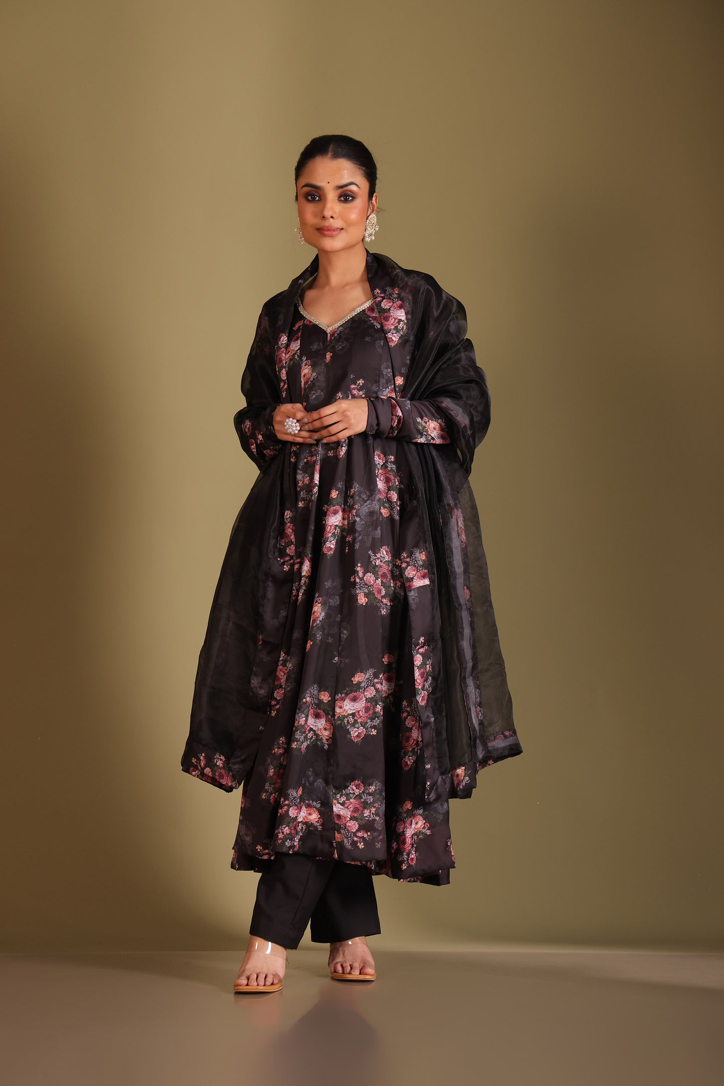 Gulzar Black Floral Printed Silk Crepe Anarkali And Dupatta