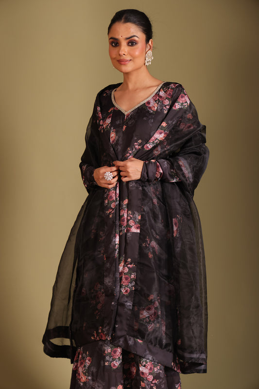 Gulzar Black Floral Printed Silk Crepe Anarkali And Dupatta