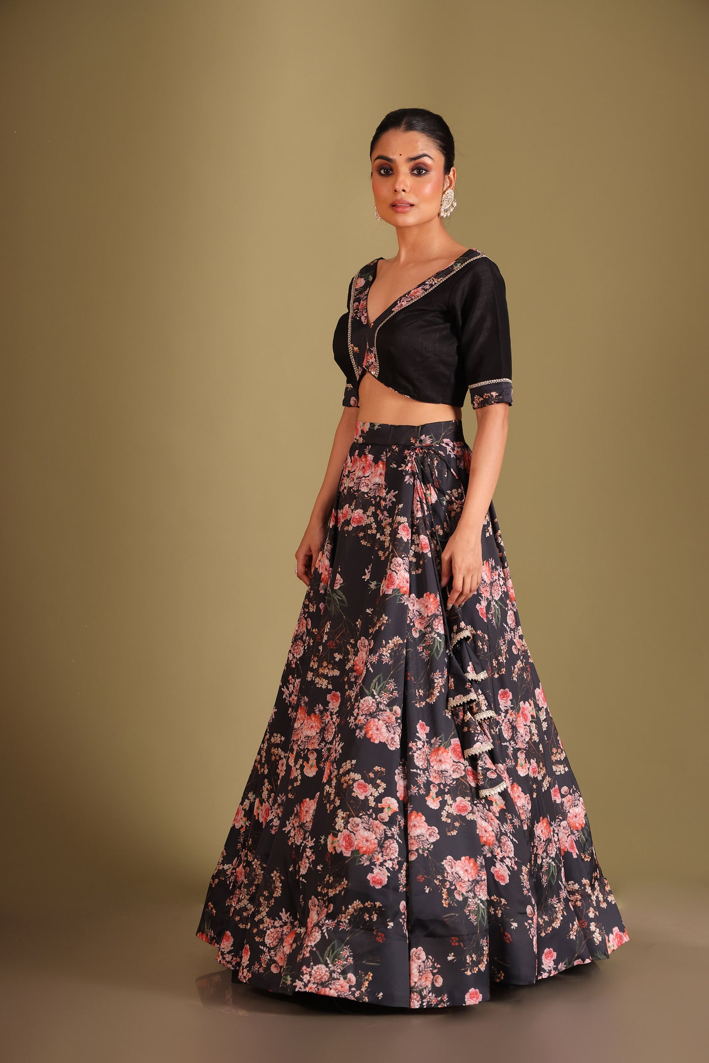 Gulzar Black Floral Printed Silk Crepe Lehenga And Dupatta