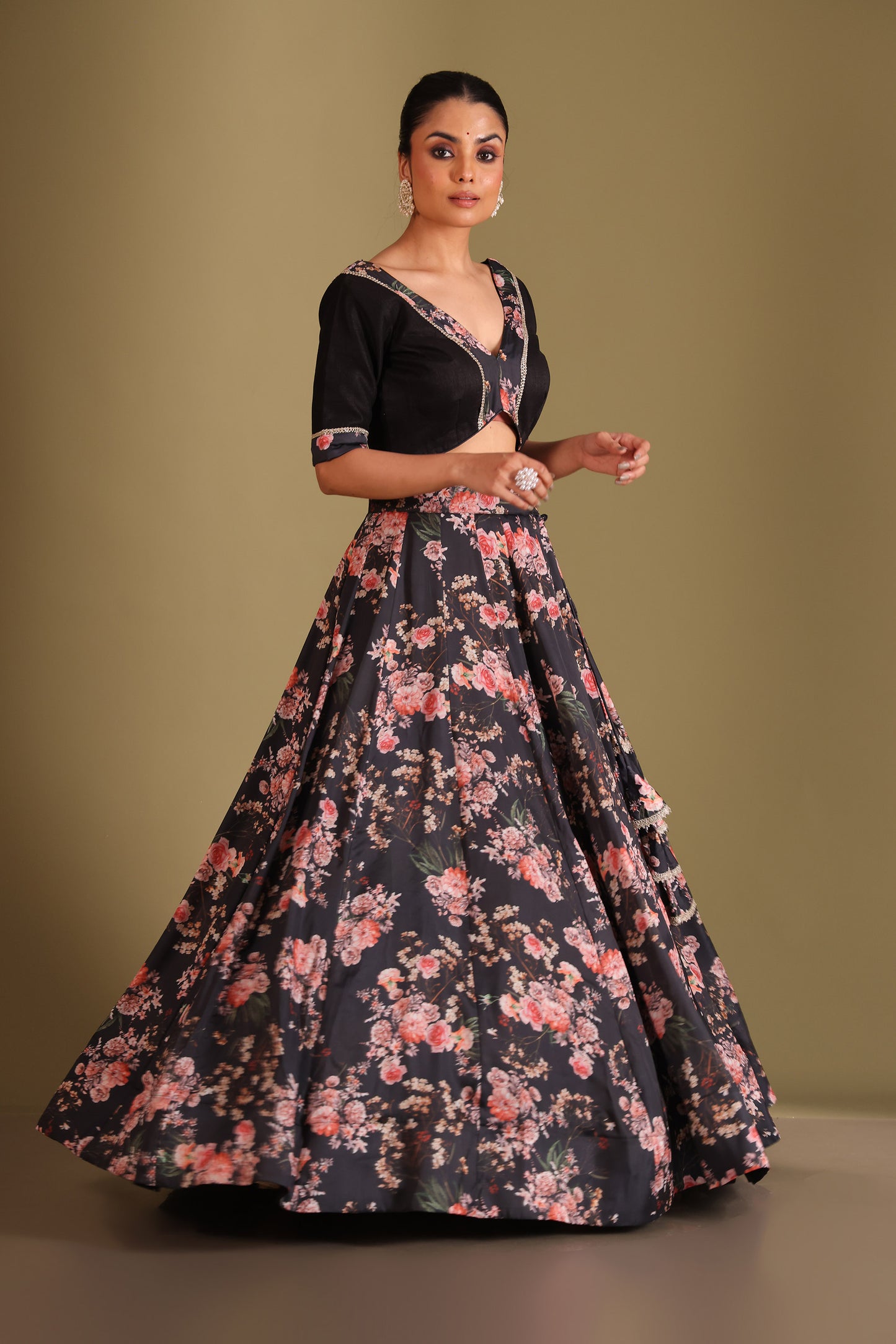 Gulzar Black Floral Printed Silk Crepe Lehenga And Dupatta
