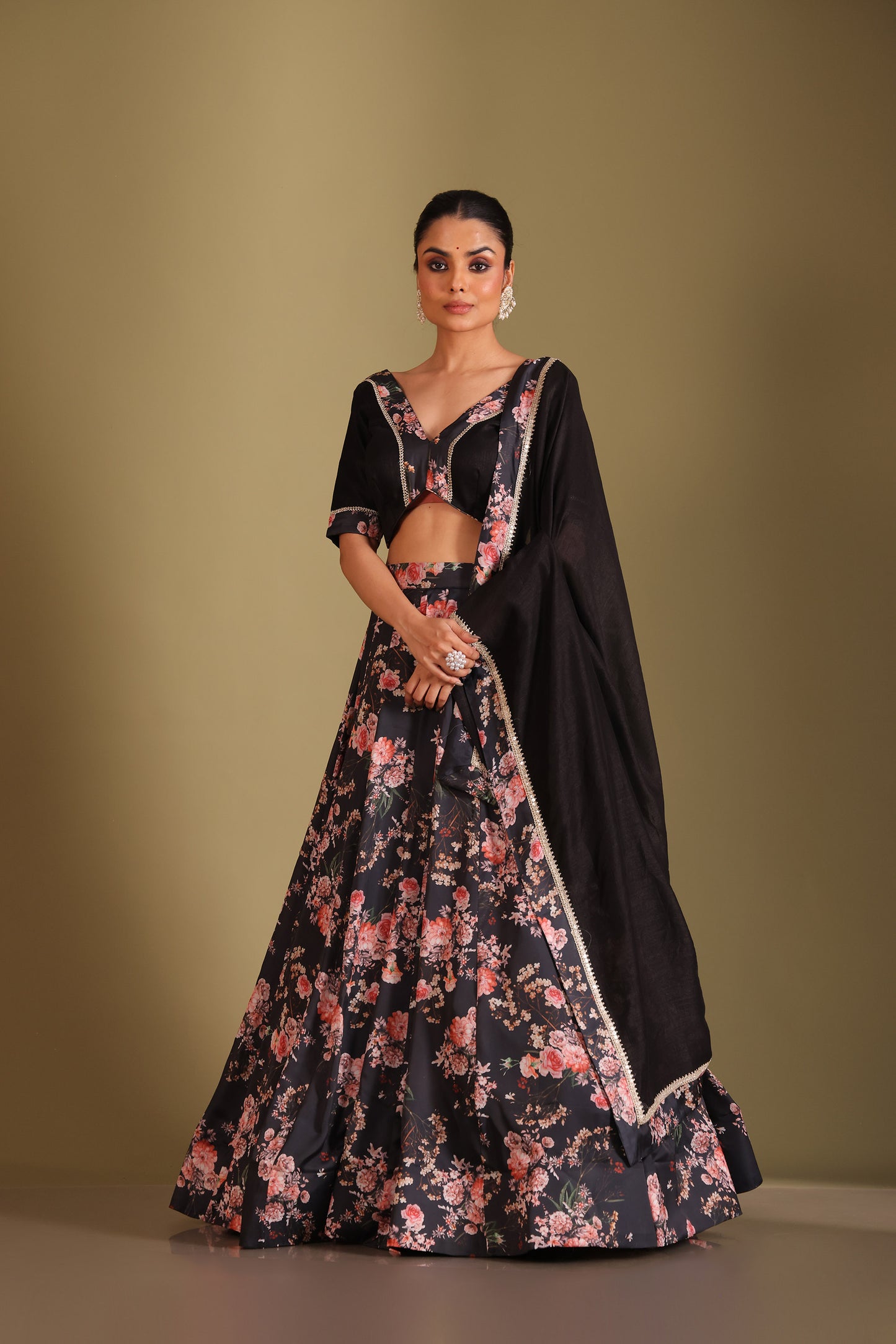 Gulzar Black Floral Printed Silk Crepe Lehenga And Dupatta