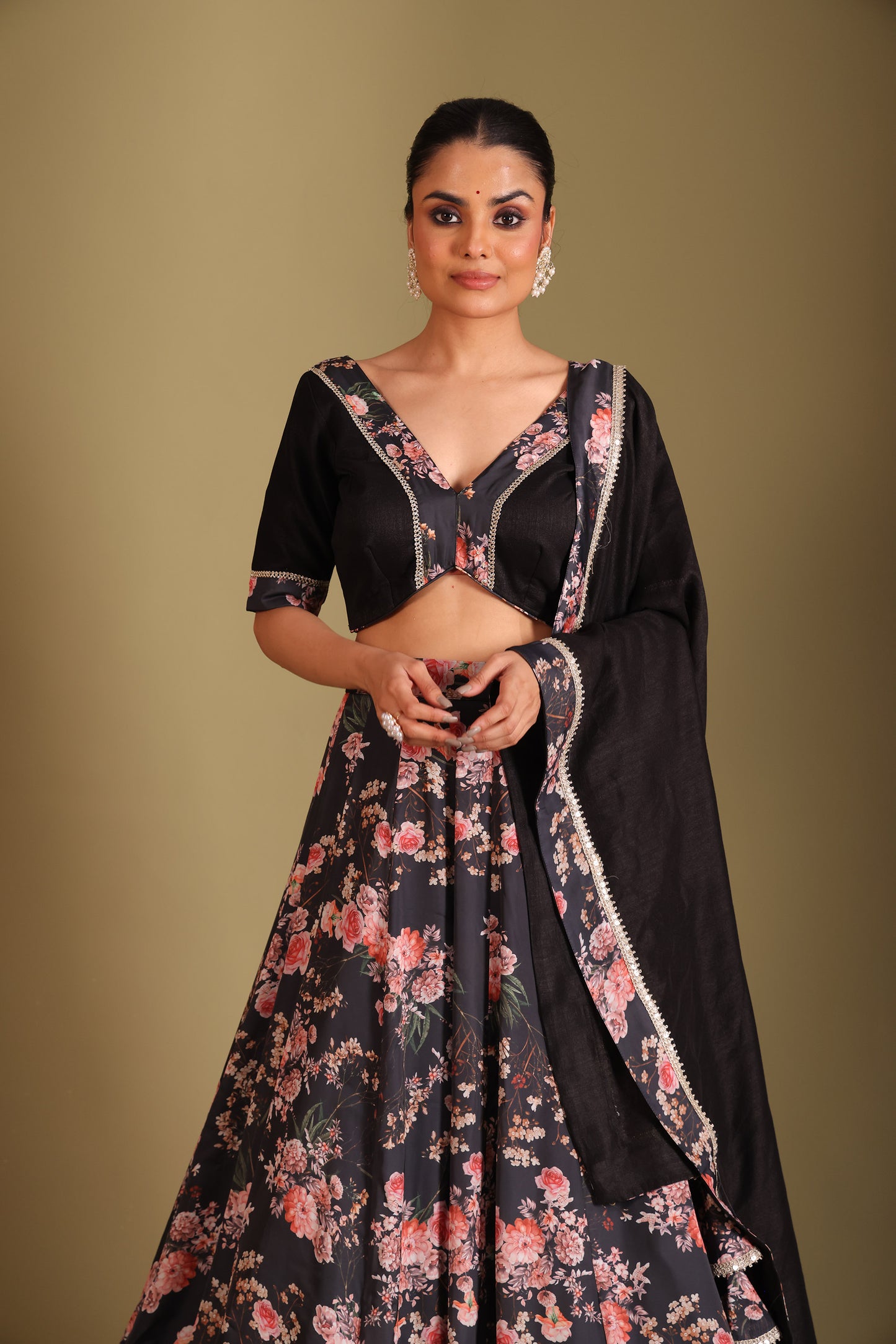 Gulzar Black Floral Printed Silk Crepe Lehenga And Dupatta