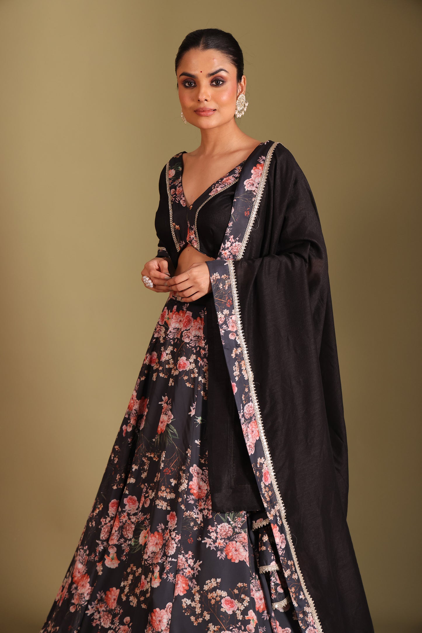 Gulzar Black Floral Printed Silk Crepe Lehenga And Dupatta