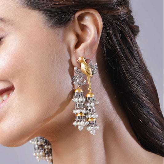 Zevar Club Gold & Rhodium-Plated Dual-Tone Parrot Birds Motif Multi-Jhumka Earrings with White Pearls
