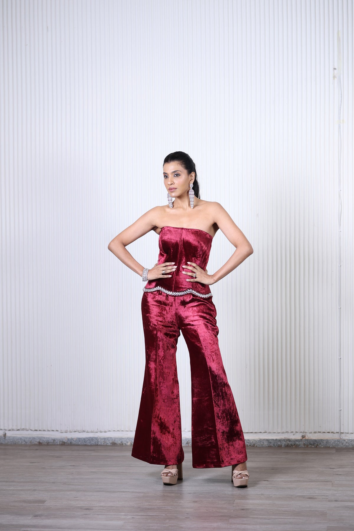 Merlot Deep Wine Velvet Hand Embroidered Sangeet Co-ord Set