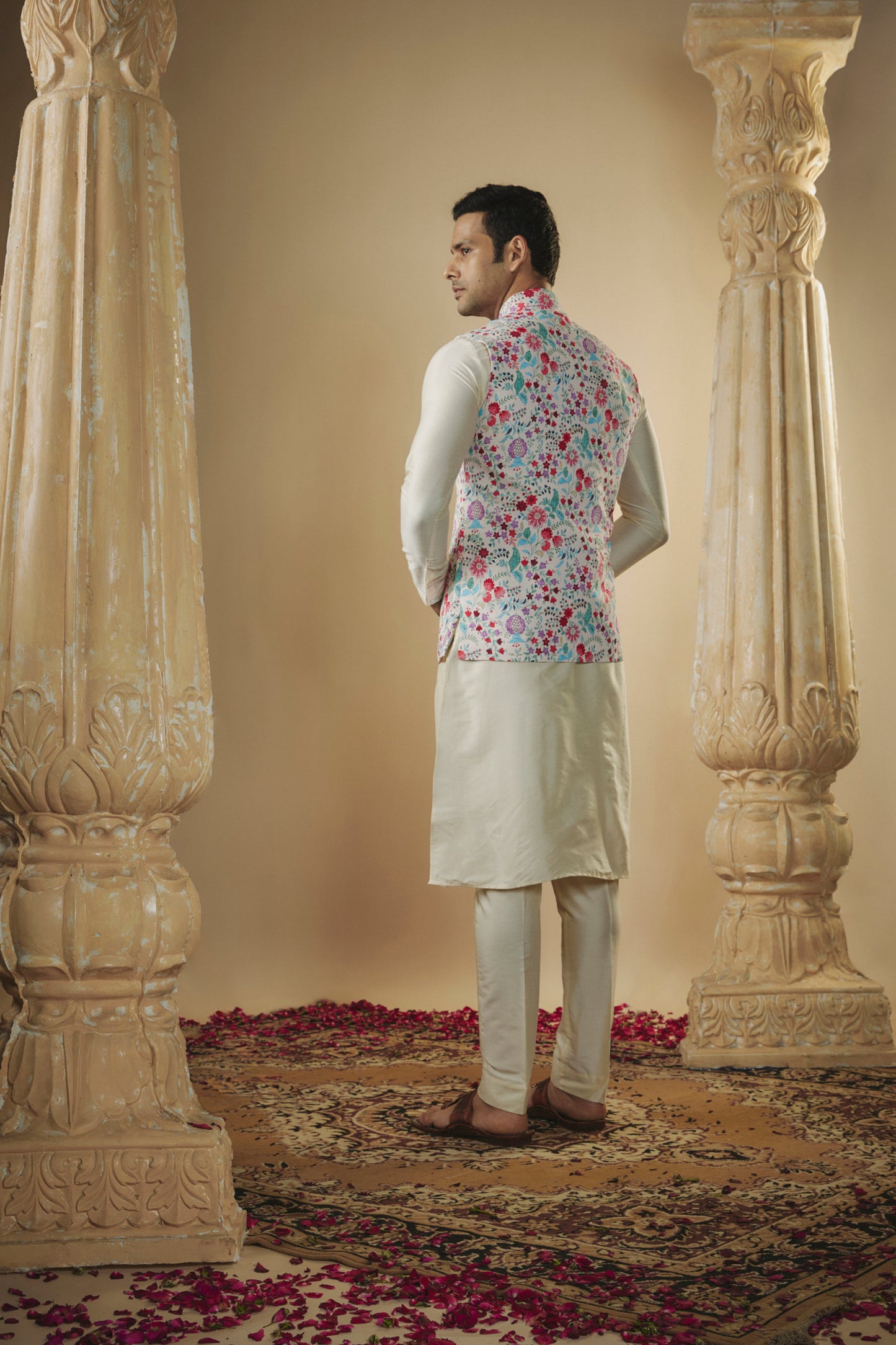 Daisy white digital print splendid silk kurta jacket set.