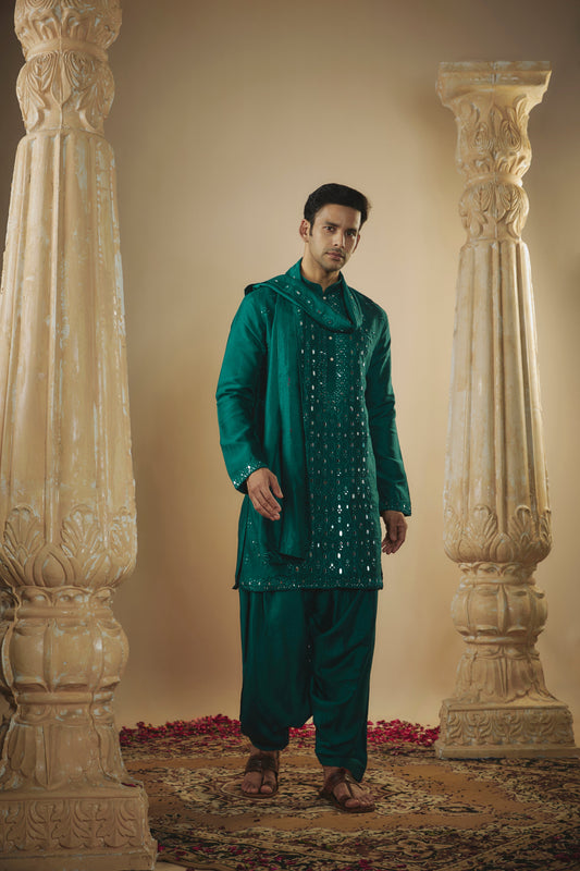 Bottle green art silk mirror embroidered patiala suit set