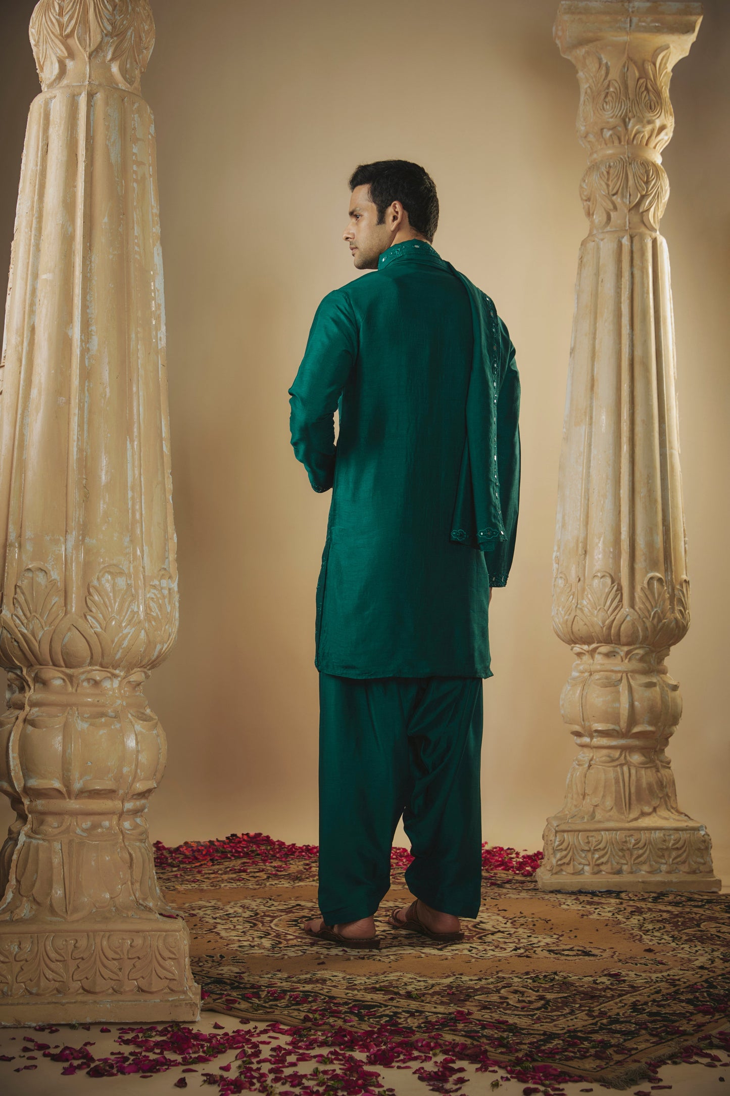 Bottle green art silk mirror embroidered patiala suit set