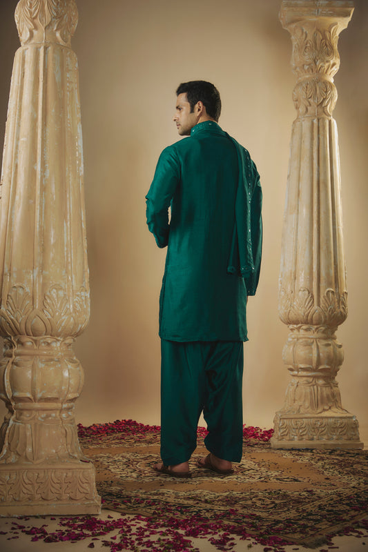 Bottle green art silk mirror embroidered patiala suit set