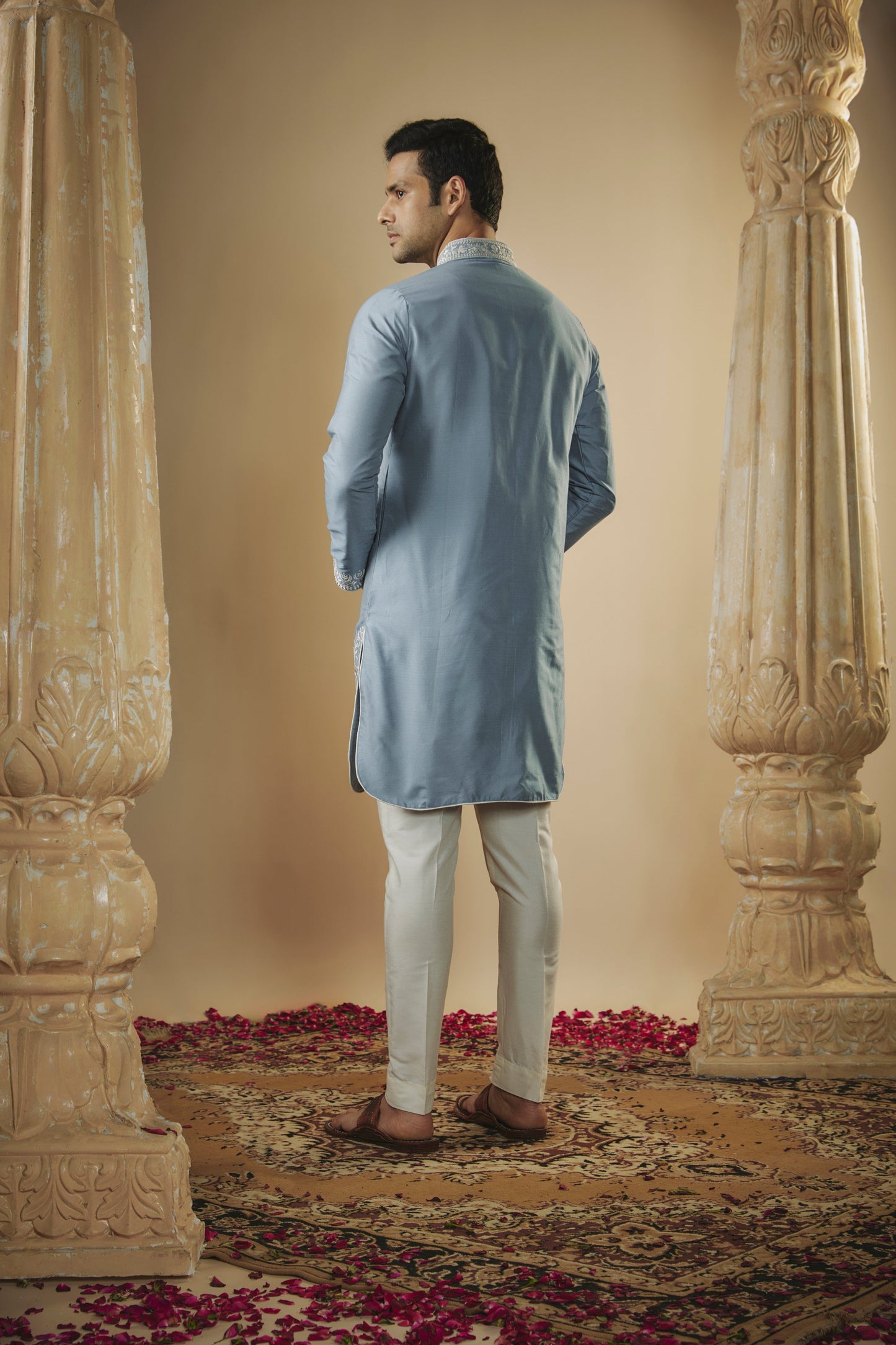 Pastel blue resham embroidered art silk kurta set