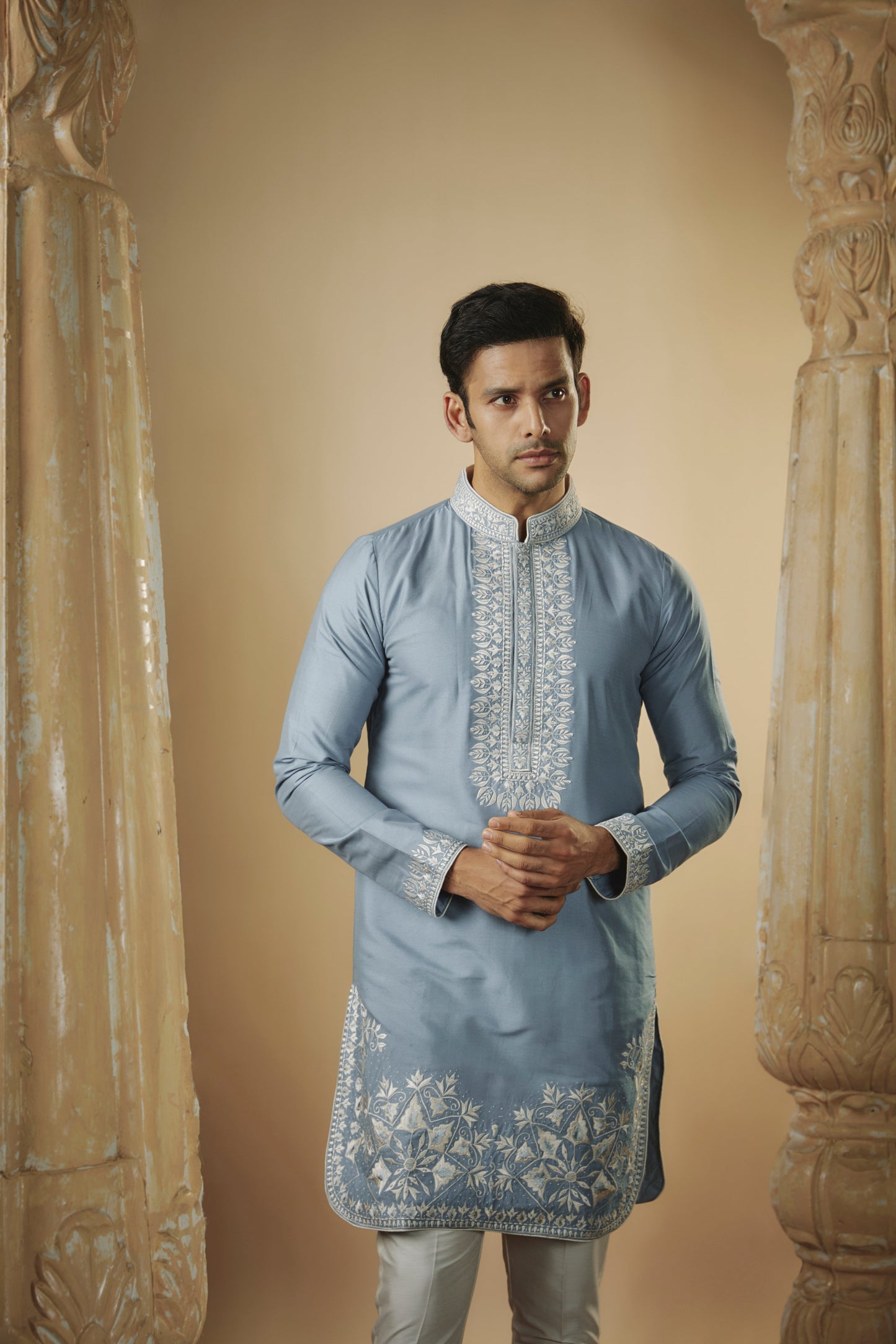Pastel blue resham embroidered art silk kurta set